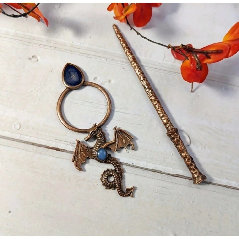Retro Dragon‎ Hair Slide Stick Set Bronze Blue Stone Gothic Fantasy Hair Clip